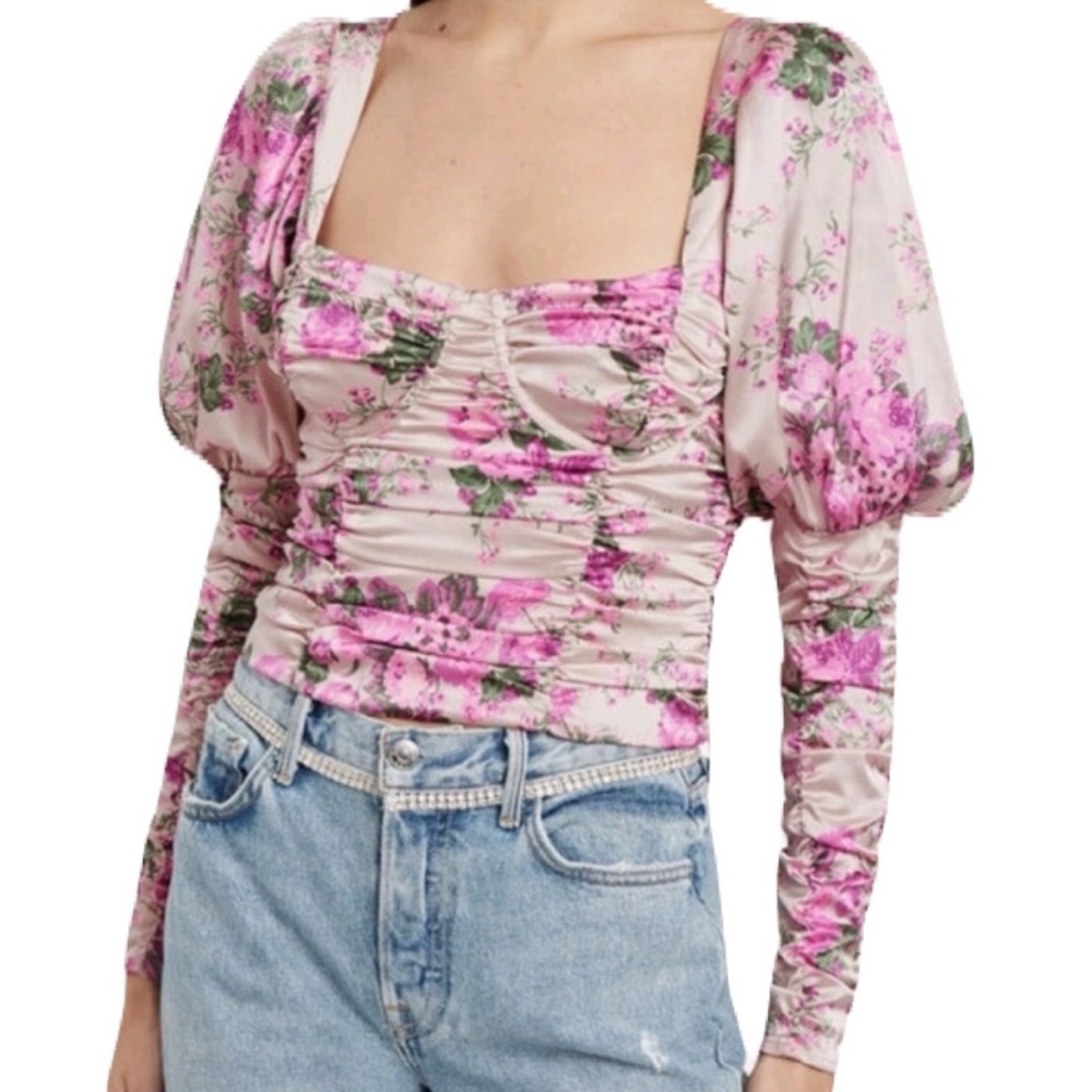 For Love And Lemons Medium Blush Pink Purple Floral Ruched Crop Top Puff Sleeve